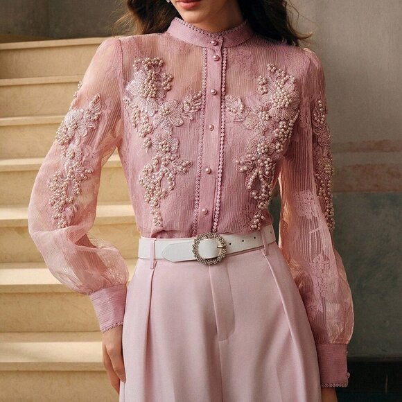 Pink Elegant Women's Long Sleeve Sheer Regal Pearl Floral Shirt - Picture 4 of 8